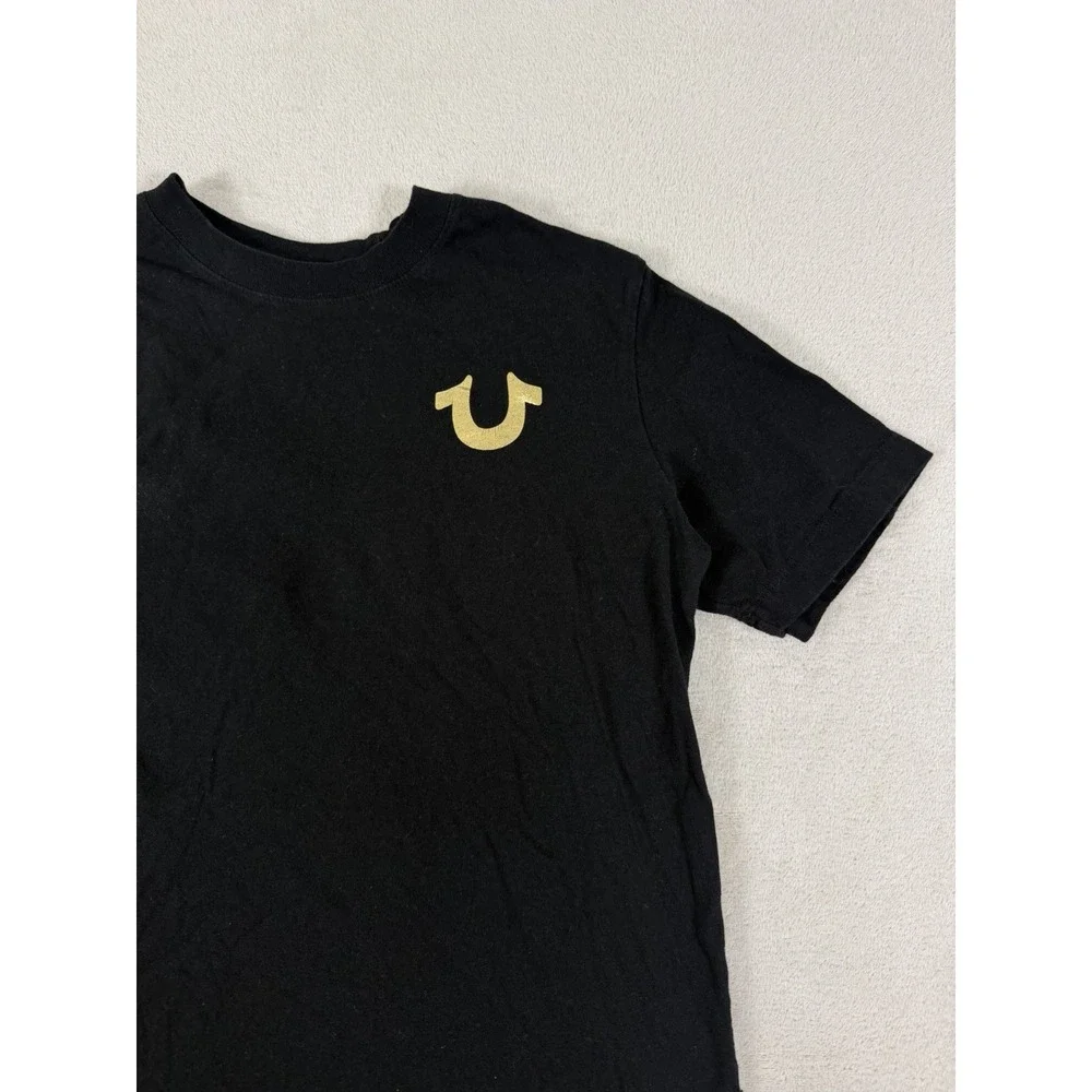 True Religion Mens Black Crew Neck T-Shirt Gold Metallic Horseshoe Logo Small